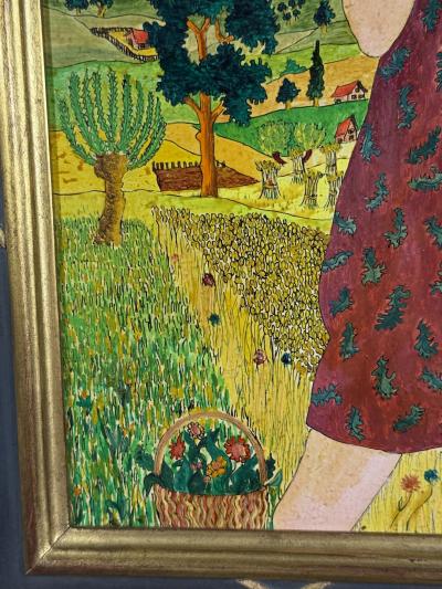MICHEL LOEB MODERN COLORFUL PAINTING OF WOMAN IN HAT WITH FLOWERS IN HAYSTACK FIELDS