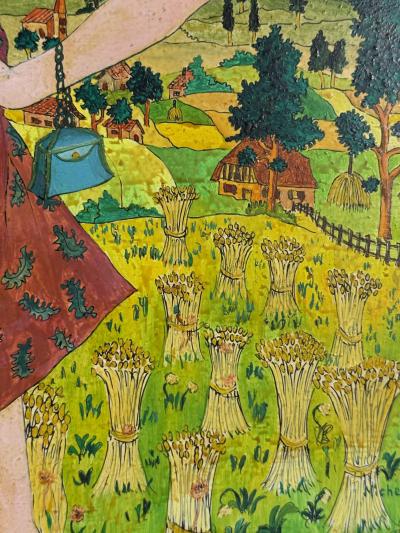 MICHEL LOEB MODERN COLORFUL PAINTING OF WOMAN IN HAT WITH FLOWERS IN HAYSTACK FIELDS