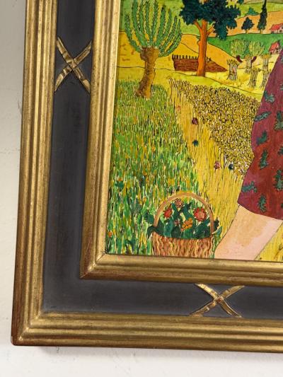 MICHEL LOEB MODERN COLORFUL PAINTING OF WOMAN IN HAT WITH FLOWERS IN HAYSTACK FIELDS