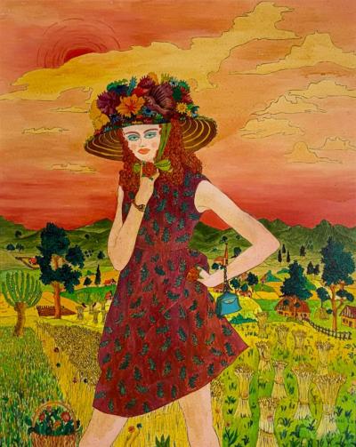 MICHEL LOEB MODERN COLORFUL PAINTING OF WOMAN IN HAT WITH FLOWERS IN HAYSTACK FIELDS