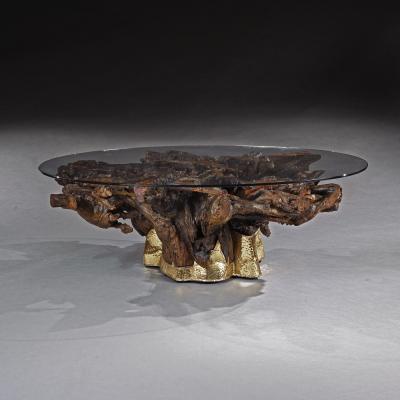 MID 20TH CENTURY BRASS MOUNTED ROOT COFFEE TABLE WITH OVAL GLASS TOP