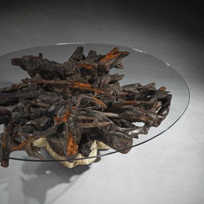 MID 20TH CENTURY BRASS MOUNTED ROOT COFFEE TABLE WITH OVAL GLASS TOP