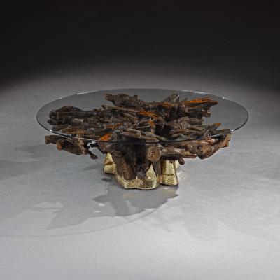 MID 20TH CENTURY BRASS MOUNTED ROOT COFFEE TABLE WITH OVAL GLASS TOP