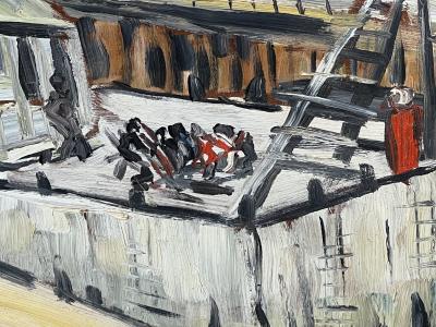 MID CENTURY ABSTRACT BOAT PAINTING BY BENUTLOTZ 1957