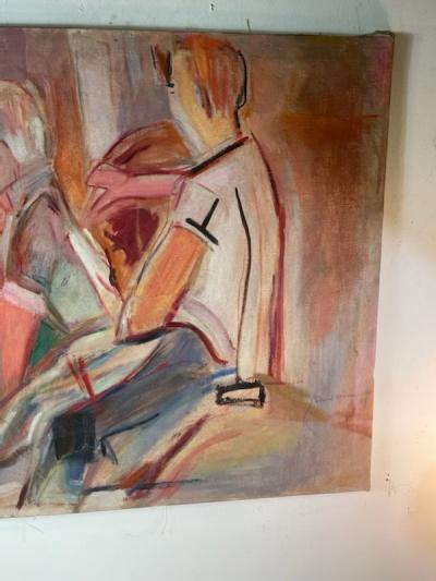 MID CENTURY ABSTRACT BUS TO SAN JOSE PAINTING BY DAVID A WALKER