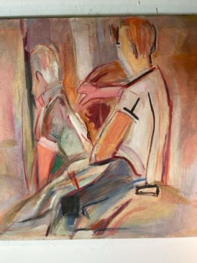 MID CENTURY ABSTRACT BUS TO SAN JOSE PAINTING BY DAVID A WALKER