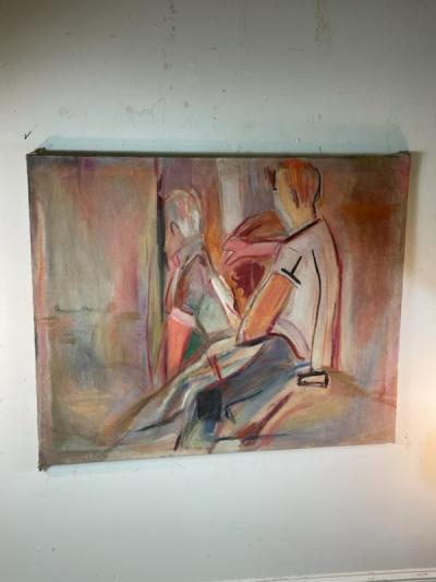 MID CENTURY ABSTRACT BUS TO SAN JOSE PAINTING BY DAVID A WALKER