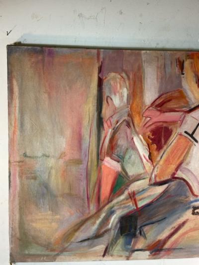 MID CENTURY ABSTRACT BUS TO SAN JOSE PAINTING BY DAVID A WALKER