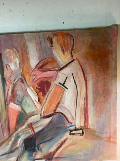 MID CENTURY ABSTRACT BUS TO SAN JOSE PAINTING BY DAVID A WALKER