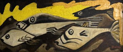 MID CENTURY ABSTRACT FISH PAINTING