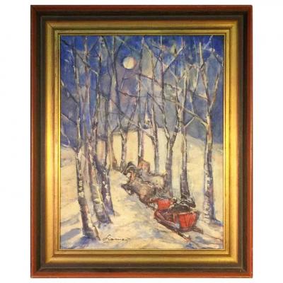 MID CENTURY ABSTRACT MOONLIT FOREST SLEIGH RIDE PAINTING