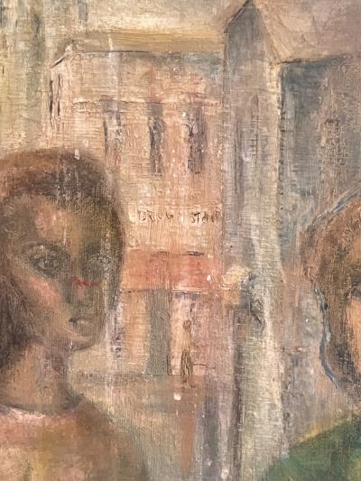 MID CENTURY ABSTRACT REALIST NYC BUS STOP WITH PEOPLE SCENE PAINTING