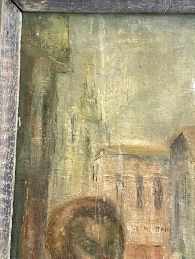 MID CENTURY ABSTRACT REALIST NYC BUS STOP WITH PEOPLE SCENE PAINTING