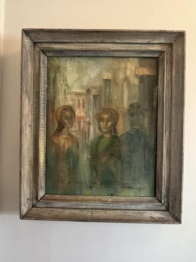 MID CENTURY ABSTRACT REALIST NYC BUS STOP WITH PEOPLE SCENE PAINTING