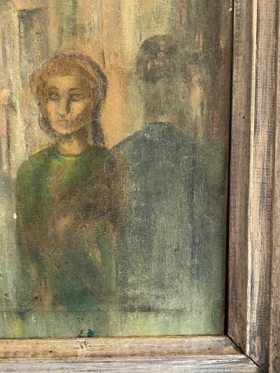 MID CENTURY ABSTRACT REALIST NYC BUS STOP WITH PEOPLE SCENE PAINTING