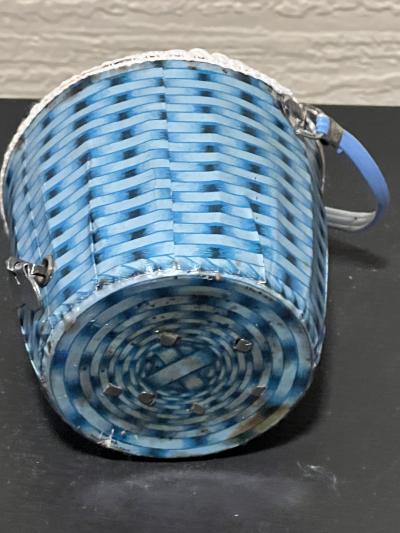 MID CENTURY ADORABLE PEEK A BOO PUPPY IN BASKET KEY WIND TOY