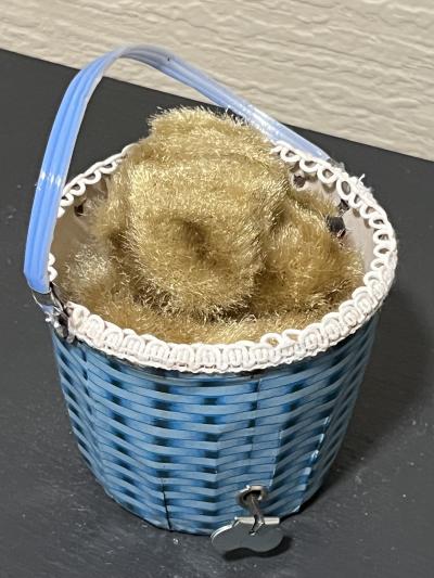 MID CENTURY ADORABLE PEEK A BOO PUPPY IN BASKET KEY WIND TOY