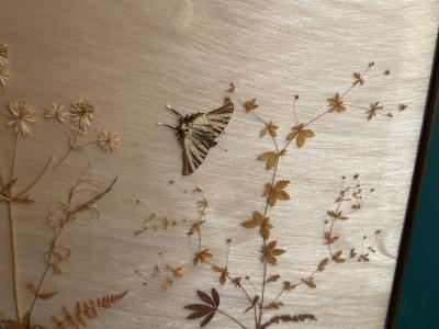 MID CENTURY BRASS AND GLASS DIORAMA WITH BUTTERFLIES HEADBOARD