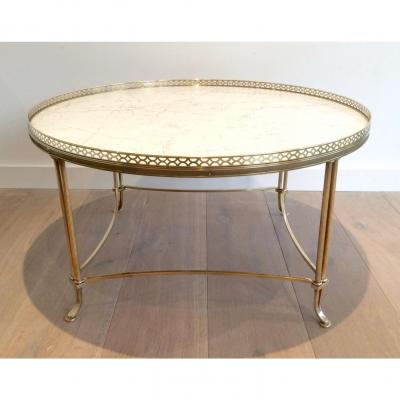 MID CENTURY BRASS COCKTAIL TABLE WITH WHITE MARBLE TOP