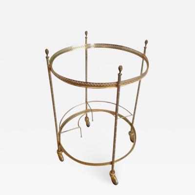 MID CENTURY BRASS ROUND ROLLING SERVING TABLE WITH ACORN FINIALS BOTTLE RACK