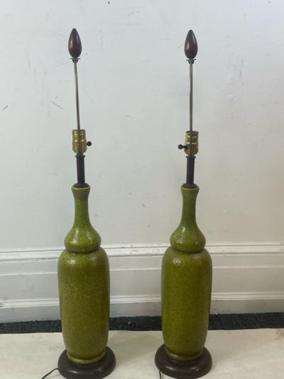 MID CENTURY CERAMIC LAMPS WITH ORIGINAL REED AND TEXTILE SHADES
