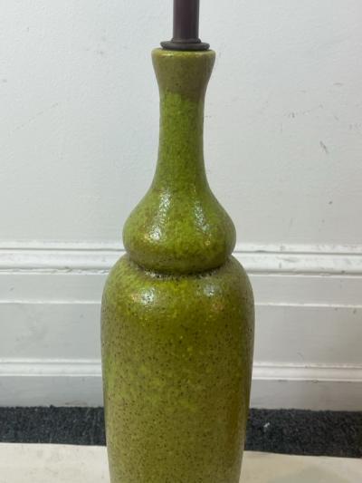 MID CENTURY CERAMIC LAMPS WITH ORIGINAL REED AND TEXTILE SHADES