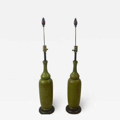 MID CENTURY CERAMIC LAMPS WITH ORIGINAL REED AND TEXTILE SHADES