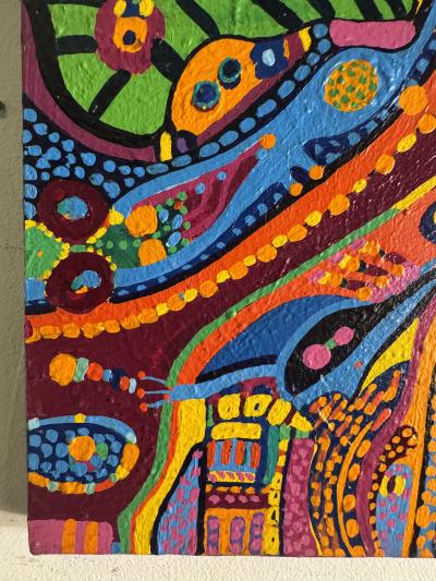 MID CENTURY COLORFUL COMPLEX ABSTRACT PAINTING ON BOARD BY LOUISE ABRAMS