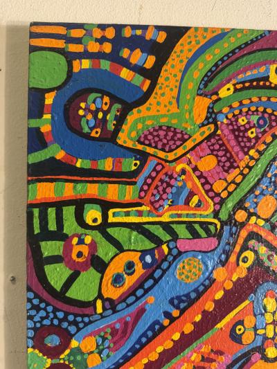 MID CENTURY COLORFUL COMPLEX ABSTRACT PAINTING ON BOARD BY LOUISE ABRAMS