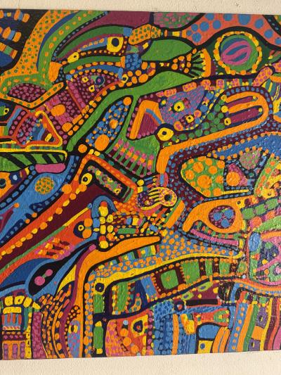 MID CENTURY COLORFUL COMPLEX ABSTRACT PAINTING ON BOARD BY LOUISE ABRAMS