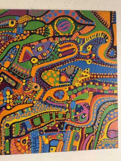 MID CENTURY COLORFUL COMPLEX ABSTRACT PAINTING ON BOARD BY LOUISE ABRAMS