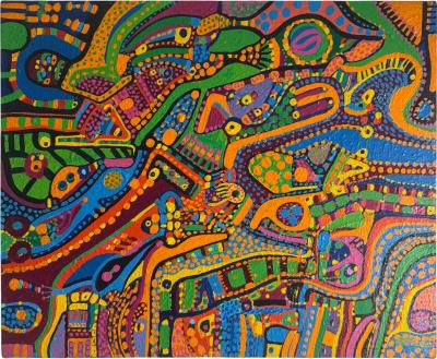 MID CENTURY COLORFUL COMPLEX ABSTRACT PAINTING ON BOARD BY LOUISE ABRAMS