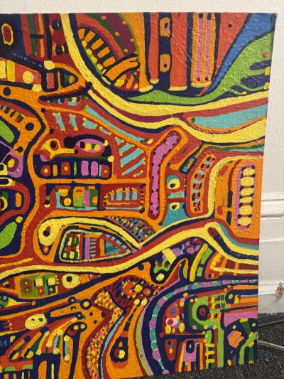MID CENTURY COLORFUL COMPLEX ABSTRACT PAINTING ON BOARD BY LOUISE ABRAMS