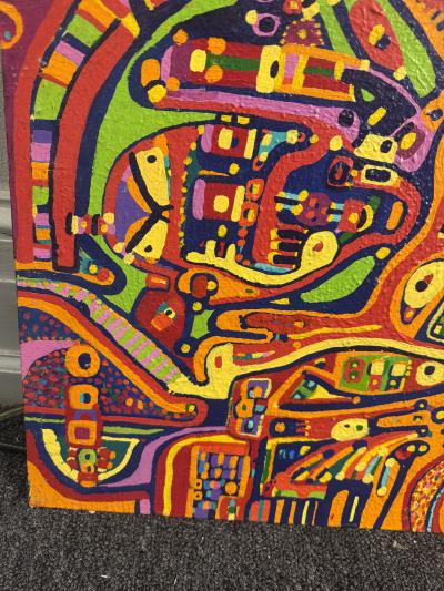 MID CENTURY COLORFUL COMPLEX ABSTRACT PAINTING ON BOARD BY LOUISE ABRAMS