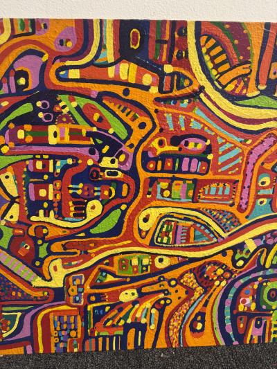 MID CENTURY COLORFUL COMPLEX ABSTRACT PAINTING ON BOARD BY LOUISE ABRAMS