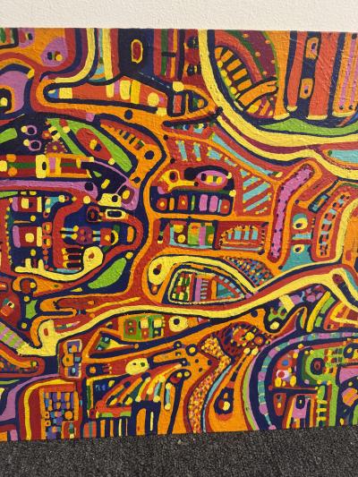 MID CENTURY COLORFUL COMPLEX ABSTRACT PAINTING ON BOARD BY LOUISE ABRAMS