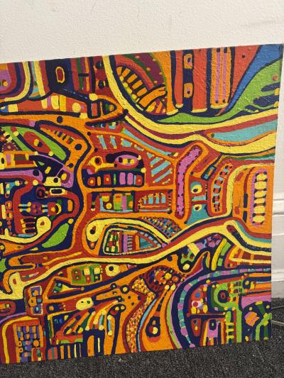MID CENTURY COLORFUL COMPLEX ABSTRACT PAINTING ON BOARD BY LOUISE ABRAMS