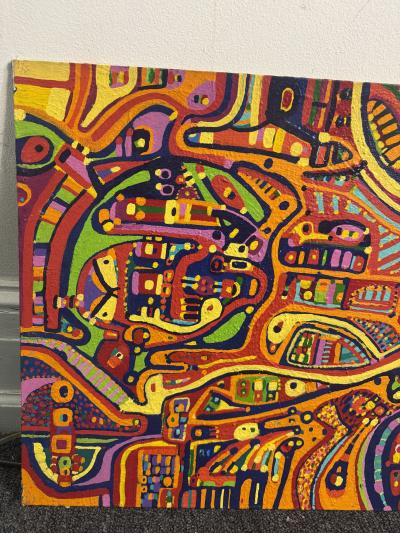 MID CENTURY COLORFUL COMPLEX ABSTRACT PAINTING ON BOARD BY LOUISE ABRAMS