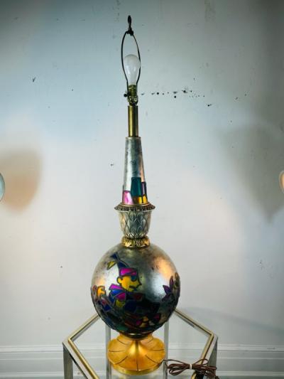 MID CENTURY COLORFUL HARLEQUIN STAINED GLASS MERCURY GLASS LAMP