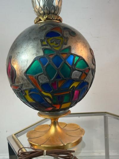 MID CENTURY COLORFUL HARLEQUIN STAINED GLASS MERCURY GLASS LAMP