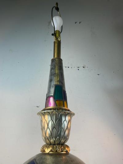 MID CENTURY COLORFUL HARLEQUIN STAINED GLASS MERCURY GLASS LAMP