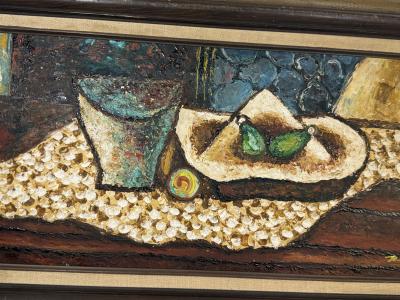 MID CENTURY CUBIST STILL LIFE OF BOWL WITH FIGS SIGNED