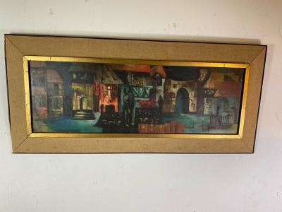 MID CENTURY CUBIST VILLAGE SQUARE SCENE PAINTING