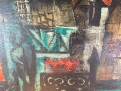 MID CENTURY CUBIST VILLAGE SQUARE SCENE PAINTING