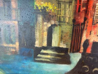 MID CENTURY CUBIST VILLAGE SQUARE SCENE PAINTING