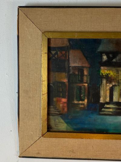 MID CENTURY CUBIST VILLAGE SQUARE SCENE PAINTING