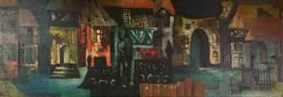 MID CENTURY CUBIST VILLAGE SQUARE SCENE PAINTING