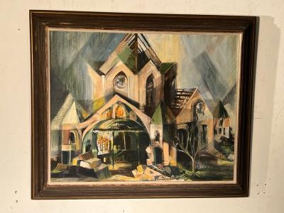 MID CENTURY CUBISTIC ABSTRACT PAINTING SIGNED