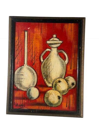 MID CENTURY CUBISTIC ORANGE STILL LIFE WITH BOTTLES FRUIT PAINTING