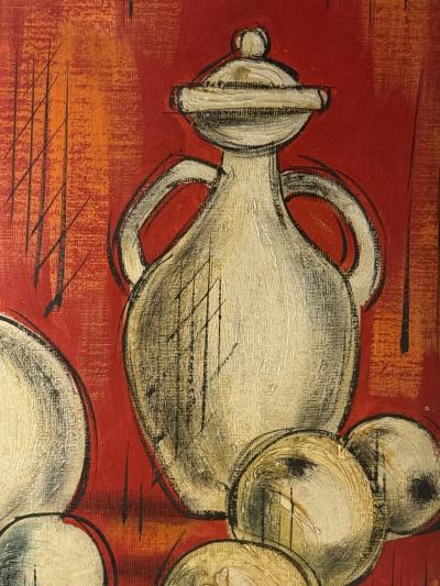 MID CENTURY CUBISTIC ORANGE STILL LIFE WITH BOTTLES FRUIT PAINTING